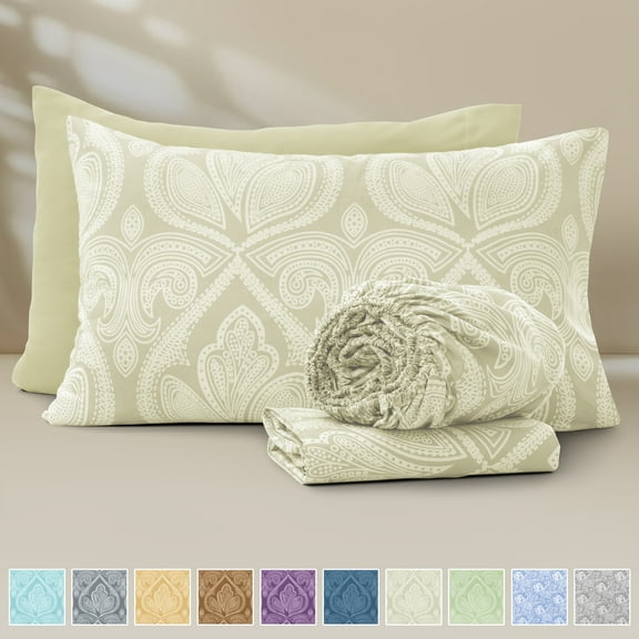 Lux Decor 4-Piece Twin Size Sheet Sets – Ultra-Soft Microfiber, Paisley Print, Upto 16" Deep Pocket Fitted Sheet, Flat Sheet & 2 Pillowcases, Ivory