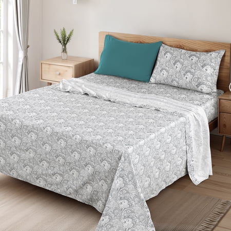 Lux Decor 4-Piece Twin Bed Sheet Sets – Ultra-Soft Microfiber, Paisley Print, Upto 16" Deep Pocket Fitted Sheet, Flat Sheet & 2 Pillowcases, White Grey