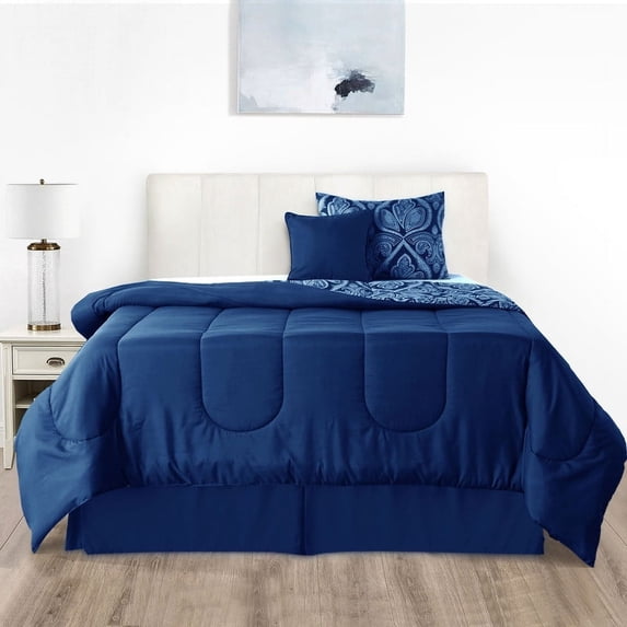 Lux Decor Collection Twin Down Alternative 4 Piece Comforter Set - Washable Microfiber Duvet Bedding Set, Navy Blue
