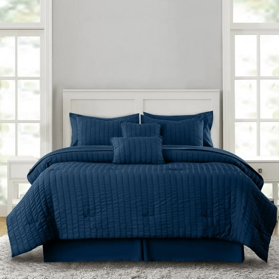 Lux Decor Collection Twin Seersucker Bedding Comforter Set – All-Season 8 Pieces Bed in a Bag Includes Comforter, Sheets, Pillow Sham, Bed Skirt & Decorative Pillow for Ultimate Comfort - Navy