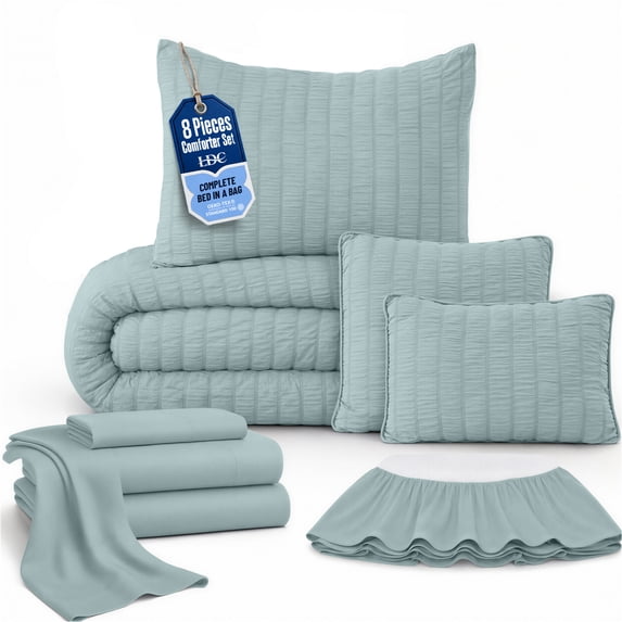 Lux Décor 8-Piece Twin Comforter Set with Sheets — Complete Bed in a Bag with Bed Skirt & Accent Pillows Included, 280 GSM Cooling Seersucker,OKEO-TEX Certified All Season Bedding Set, Aqua Blue