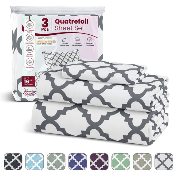 Lux Decor Twin Size Bed Sheets Set 3 Piece - Quatrefoil Pattern, Ultra Soft Polyester Sheet Deep Pocket Fit, Wrinkle Free, Breathable & Fade Resistant OEKO-TEX Certified, White