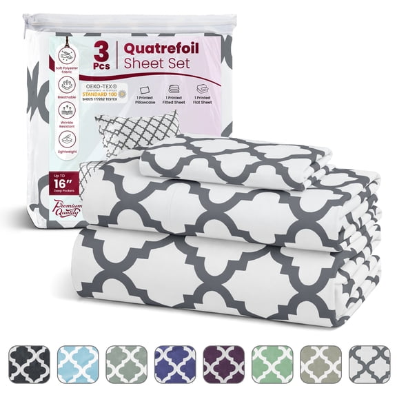 Lux Decor Twin Size Bed Sheets Set 3 Piece - Quatrefoil Pattern, Ultra Soft Sheet Deep Pocket Fit, Wrinkle Free, Breathable & Fade Resistant OEKO-TEX Certified, White