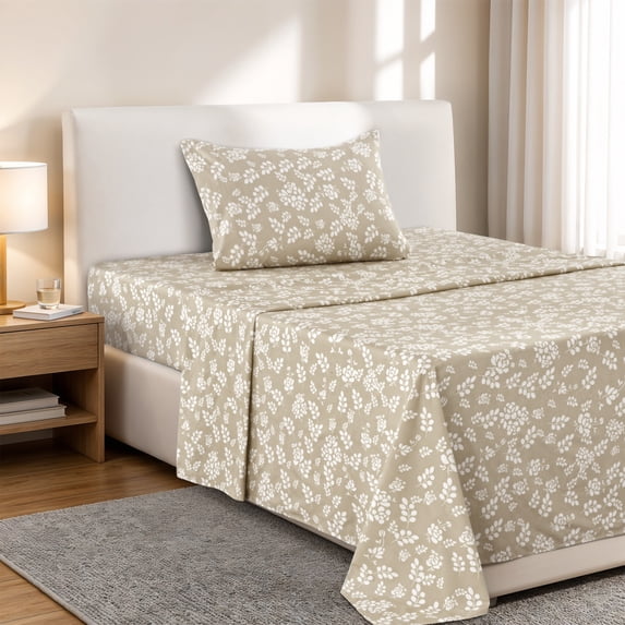 Lux Decor Twin XL Microfiber Bed Sheets - 3 Piece Floral Sheet Set, Soft Breathable Bedding, Wrinlkle Resistant, OEKO-TEX Certified, Taupe
