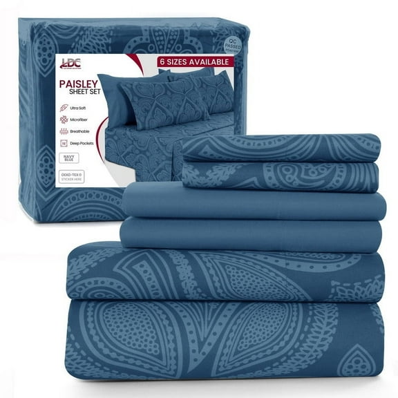 Lux Decor King Bed Sheet Set, Ultra Soft 6 Piece Microfiber Sheets Set - Navy Blue