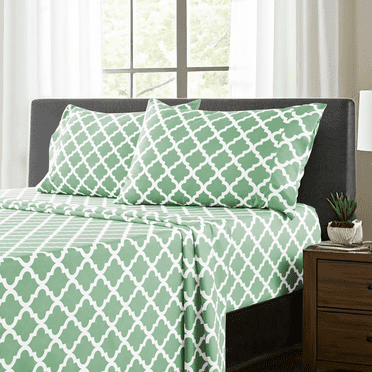 Lux Decor King Size Sheet Set 4 Piece, Soft Microfiber, Deep Pockets - Quatrefoil Pattern, 1 Fitted & 1 Flat Sheet, 2 Pillowcases, Green