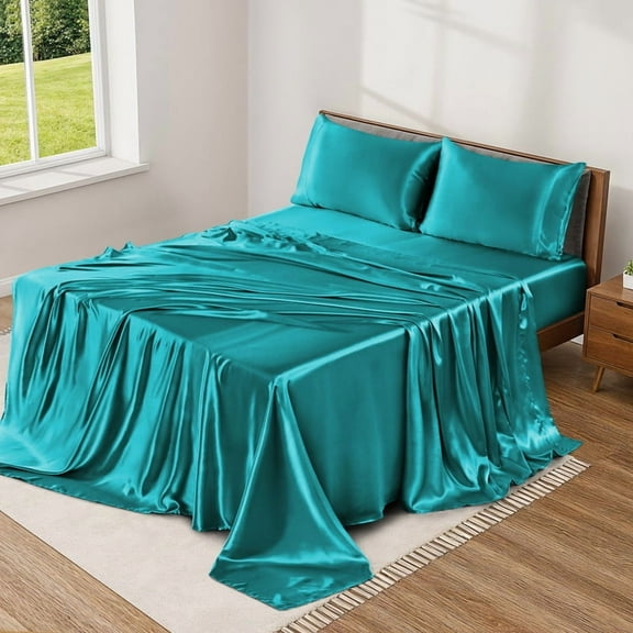 Lux Decor Luxury Satin Bed Sheets Set Queen Size - 4-Piece Cooling Bed Sheet Set, Silky Soft & Smooth, Deep Pockets up to 15", OEKO-TEX Certified, Skin-Friendly Comfort (Lake Blue)