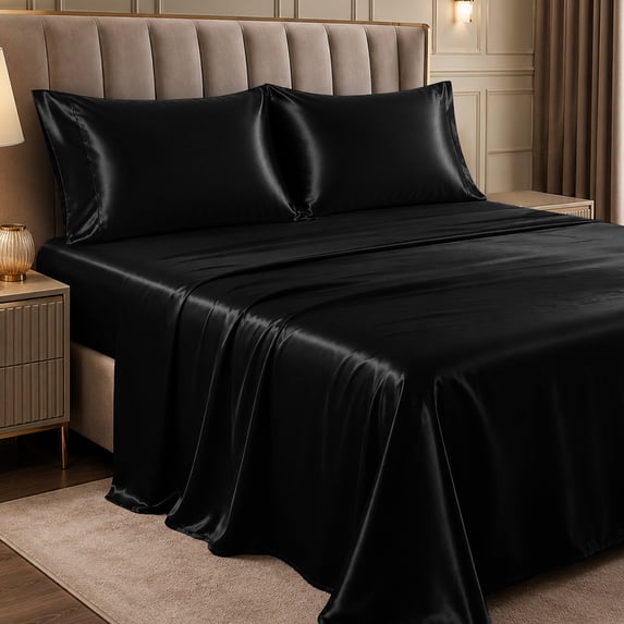 Lux Decor Satin Sheets Full Size - 4 Piece Cooling Silky Bed Sheet Set for Hair and Skin, Similar to Silk, 15" Deep Pocket, OEKO-TEX Certified (Black)