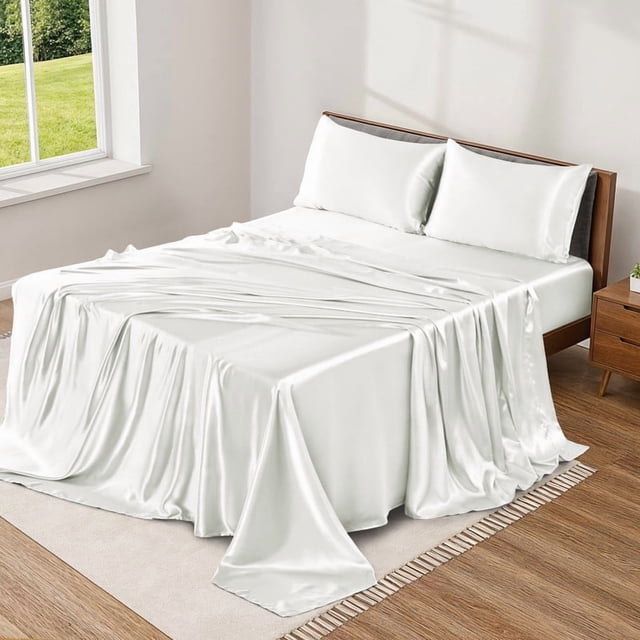 Lux Decor Luxury Satin Sheets Full Size - 4 Piece Cooling Bed Sheet Set, Silky Soft & Smooth, Deep Pockets up to 15", OEKO-TEX Certified, Skin-Friendly Comfort (White)