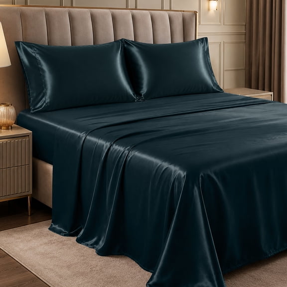 Lux Decor Satin Sheets King Size - 4 Piece Cooling Silky Bed Sheet Set for Hair and Skin, Similar to Silk, 15" Deep Pocket, OEKO-TEX Certified (Navy)