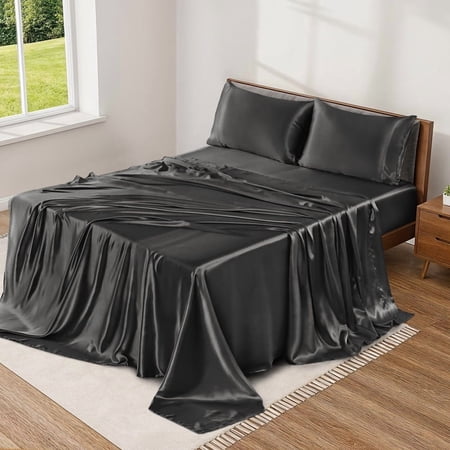 Lux Decor Luxury Satin Sheets Queen Size - 4-Piece Cooling Bed Sheet Set, Silky Soft & Smooth, Deep Pockets up to 15", OEKO-TEX Certified, Skin-Friendly Comfort (Black)