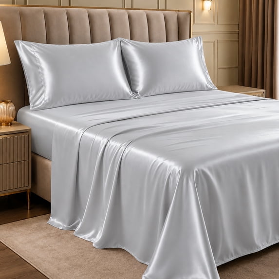 Lux Decor Satin Sheets Queen Size - 4 Piece Cooling Silky Bed Sheet Set for Hair and Skin, Similar to Silk, 15" Deep Pocket, OEKO-TEX Certified (Gray)