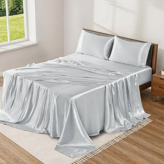 Lux Decor Luxury Satin Sheets Queen Size - 4-Piece Cooling Bed Sheet Set, Silky Soft & Smooth, Deep Pockets up to 15", OEKO-TEX Certified, Skin-Friendly Comfort (Grey)