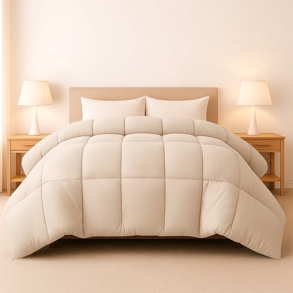 Lux Decor Premium Queen Comforter Down Alternative - All Season Box Stitched Quilted Duvet Insert with Corner Tabs, 250 GSM Virgin PSF Filling, Machine Washable Bedding - Oekotex Certified - Beige