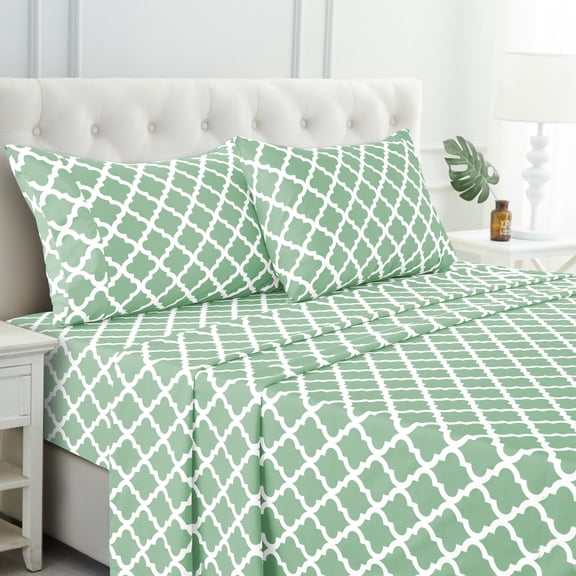 Lux Decor Queen Bed Sheets Set 4 Piece - Quatrefoil Pattern, Ultra Soft Sheet Deep Pocket Fit, Wrinkle Free, Breathable & Fade Resistant OEKO-TEX Certified, Green