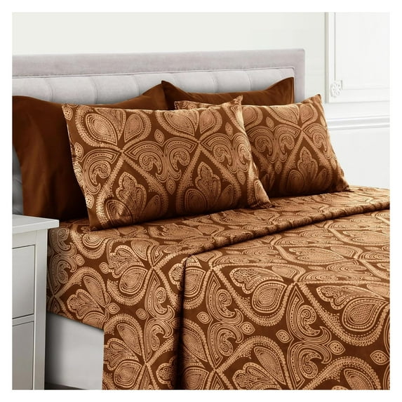 Lux Decor Queen Sheet Set, 6-Pc Cooling Bed Set, Breathable Hotel Sheets, Microfiber Sheets Deep Pockets, Easy-Fit, Soft & Wrinkle Oeko-Tex Paisley Bed Sheets (Queen, Brown)