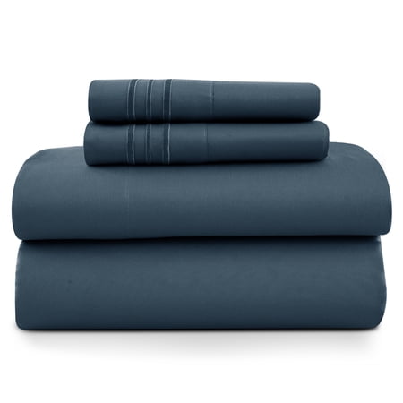 Lux Decor Queen Size Sheet Set, 4-Piece Plain Soft Microfiber – Deep Pocket Queen Bed Sheets, Includes 1 Fitted Sheet, 1 Flat Sheet, 2 Pillowcases, Navy Blue