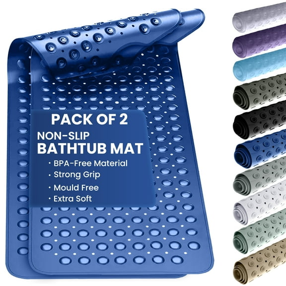 Lux Decor Shower Mat Non Slip Anti Mold 2 Pack 40x16 Inch - Quick Dry Bathtub Mat with Suction Cups and Drain Holes, Machine Washable Bath Mat for Tub - Navy Blue