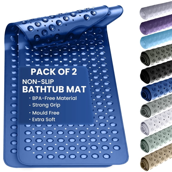Lux Decor Shower Mat Non Slip Anti Mold 2 Pack 40x16 Inch - Quick Dry Bathtub Mat with Suction Cups and Drain Holes, Machine Washable Bath Mat for Tub - Navy Blue