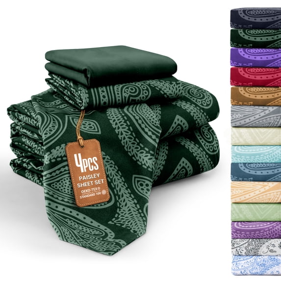 Lux Decor Twin 4 Piece Bed Sheet Set - Paisley Printed Microfiber Sheets, Ultra Soft, Deep Pocket, Wrinkle-Free, Breathable, OEKO-TEX Certified - Twin, Bush Green