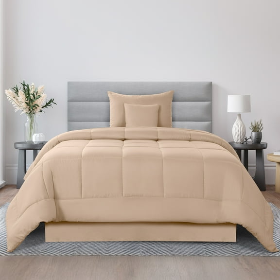 Lux Decor Twin Comforter Set 4 Piece - Ultra-Soft All-Season Bedding Set Includes Down Alternative Comforter, Pillow Sham, Decorative Cushion & Bed Skirt (Beige)