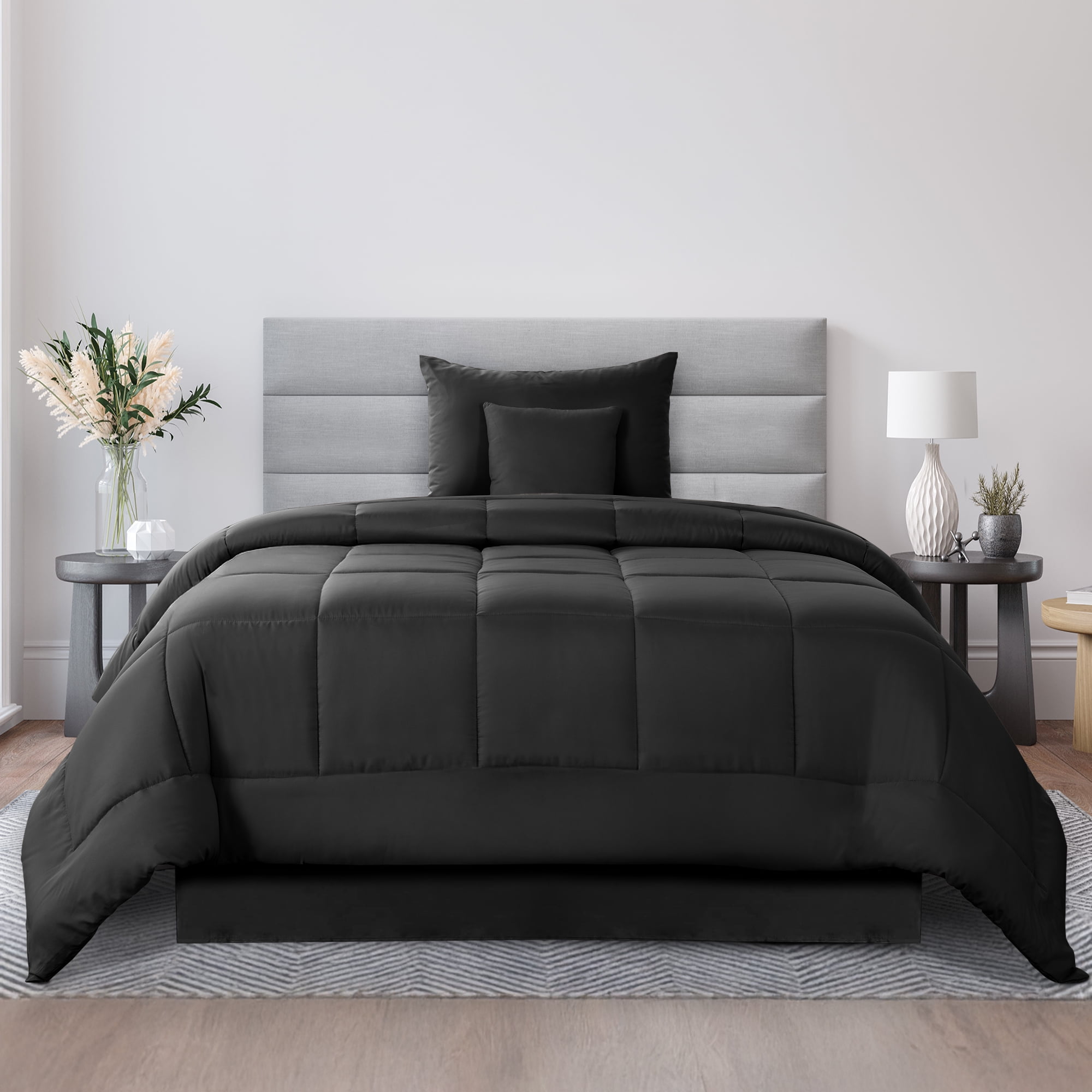 Twin Size Black Microfiber Down Alternative Comforter Set