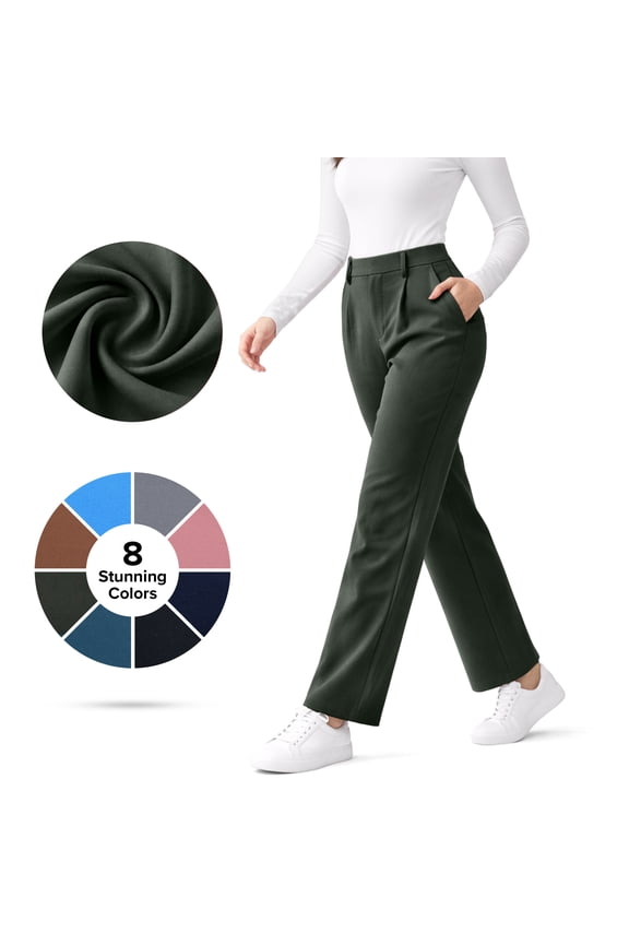 Lux Decor Women’s Stretch Work Pants - High Waisted Straight Leg Trousers, Wrinkle-Resistant Office Chinos with 2 Pockets, Comfortable Pull-On Work Pants for Travel & Daily Wear - XL, Forest Green