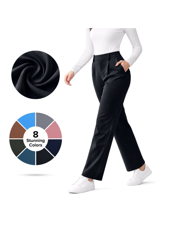 Lux Decor Women’s Stretch Work Pants - High Waisted Straight Leg Trousers, Wrinkle-Resistant Office Pant with 2 Pockets, Comfortable Pull-On Work Pants for Travel & Daily Wear - Large, Black