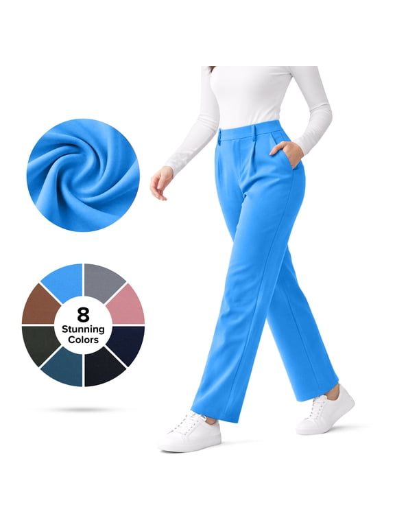 Lux Decor Women’s Stretch Work Pants - High Waisted Straight Leg Trousers, Wrinkle-Resistant Office Chinos with 2 Pockets, Comfortable Pull-On Work Pants for Travel & Daily Wear - Large, Light Azure
