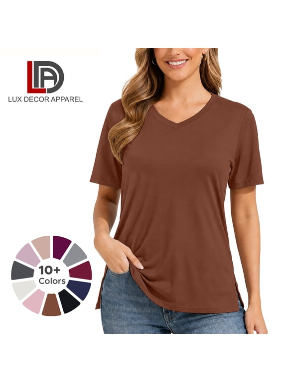 Lux Decor Women's V Neck T Shirt Short Sleeve Casual Tops Soft Stretch Tunic Top Loose Fit Fashion Tee for Leggings Work Travel Summer Everyday Wear - Rust Red - Large