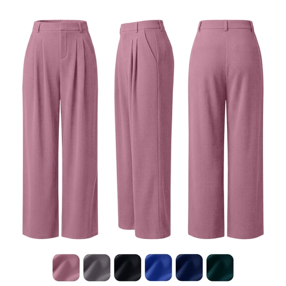 Lux Decor Women's Wide Leg Pants, High Waisted Waffle Knit Business Casual Work Pants Trousers with Pockets, 28" Inseam, Small - Rose Tan