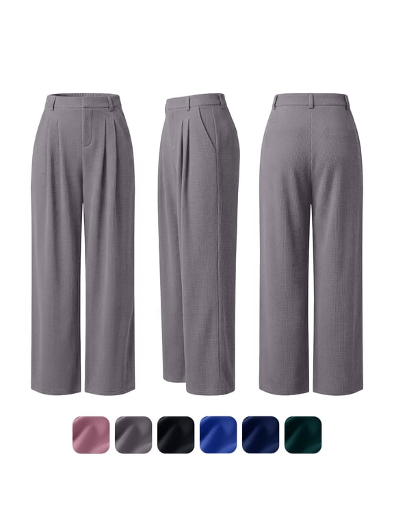 Lux Decor Women's Wide Leg Pants, High Waisted Waffle Knit Business Casual Work Pants Trousers with Pockets, 28" Inseam, XL - Mink Ask