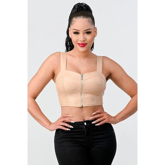 Lux Faux Leather Pu Zipup Strap Sleeveless Cropped Top