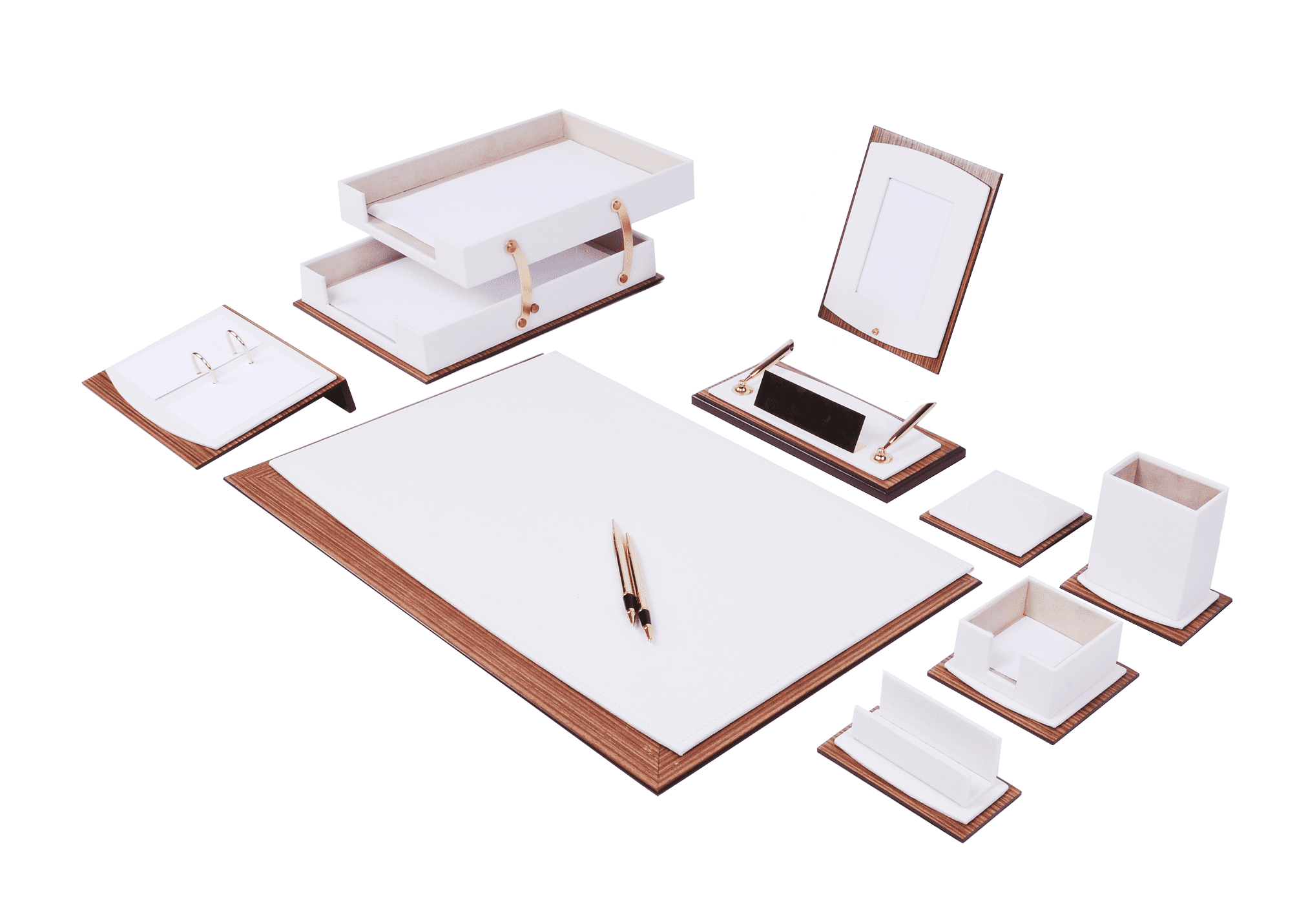 Lux Leather Desk Accessories - Leather Desk Organizer -Desk Organizer for Men Walnut Wood Combination Best Gift for Lawyers, Managers and Bosses - Desk Mat - 11 PCS