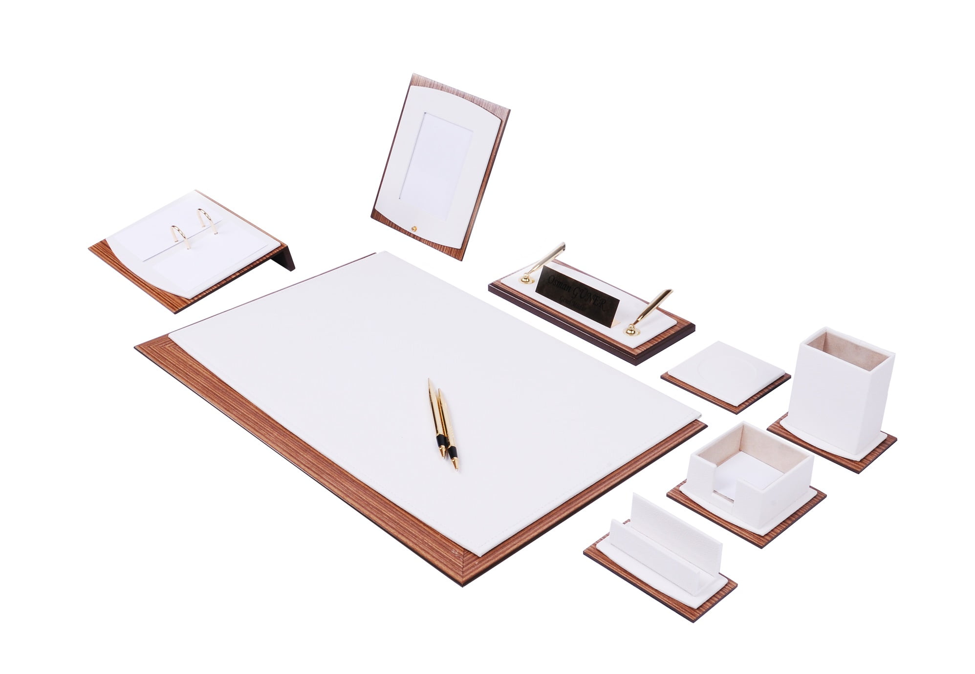 Lux Leather Desk Accessories - Leather Desk Organizer -Desk Organizer for Men Walnut Wood Combination Best Gift for Lawyers, Managers and Bosses - Desk Mat - 10 PCS