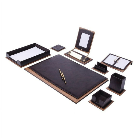 Lux Leather Desk Accessories - Leather Desk Organizer -Desk Organizer for Men Walnut Wood Combination Best Gift for Lawyers, Managers and Bosses - Desk Mat - 11 PCS