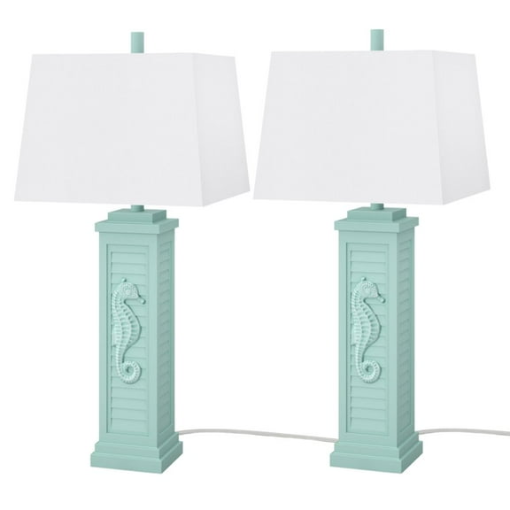 Lux Lighting Sea Horse Shutter 32 Resin Teal Lamp with USB, (Set of 2)