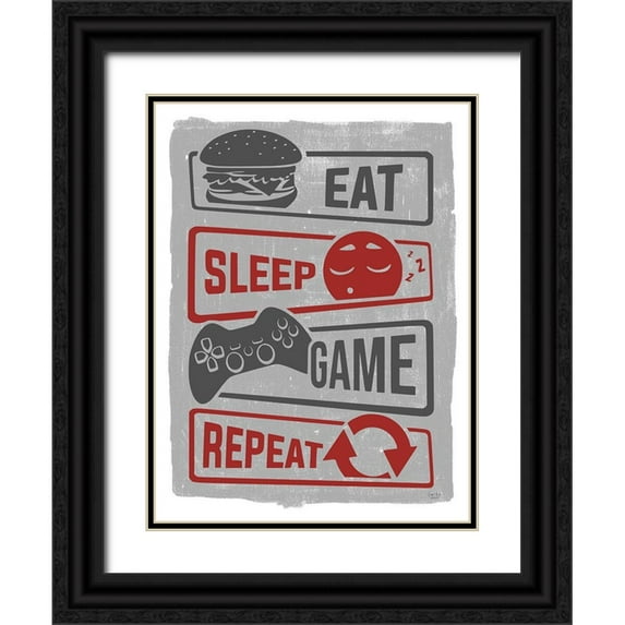 Lux + Me Designs 15x18 Black Ornate Wood Framed with Double Matting Museum Art Print Titled - Eat-Sleep-Game-Repeat