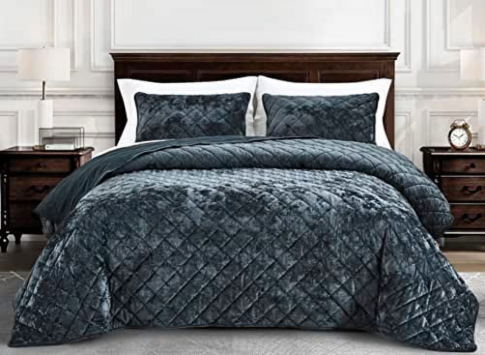 Lux Storm Blue Velvet Quilt Queen Set, 3Piece Geometric All Season