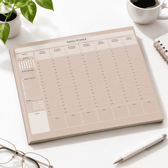 Lux Weekly Hourly Planner Notepad, 50 Undated A4 -Off Sheets, Daily Desk Schedule Pad