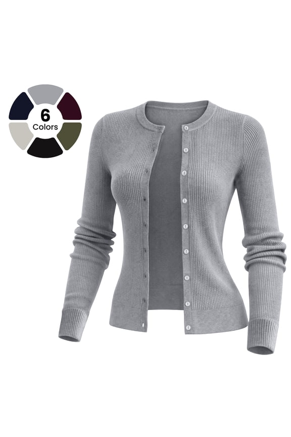 Lux Decor Women's Soft Knit Ribbed Cardigan Sweater - Lightweight Button-Down, Long Sleeve Casual Work & Everyday Layering Top (Large, Grey)
