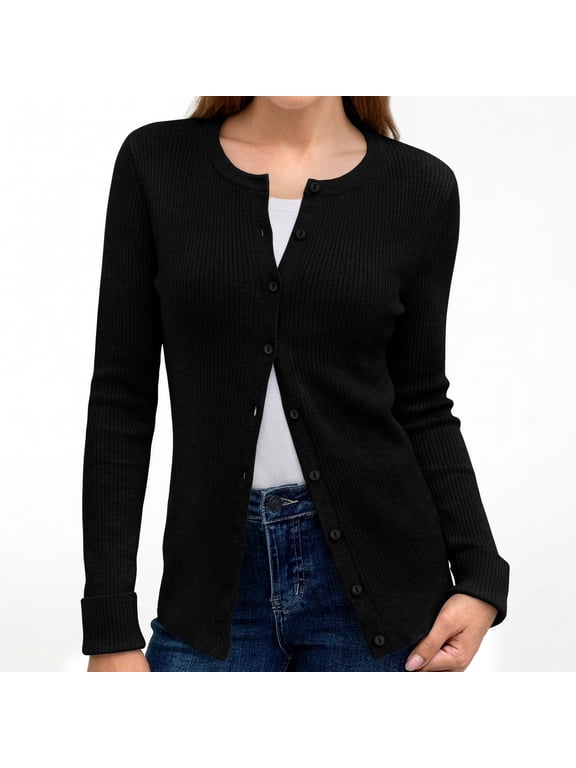 Lux Decor Women's Soft Knit Ribbed Cardigan Sweater - Lightweight Button-Down, Long Sleeve Casual Work & Everyday Layering Top (Medium, Black)