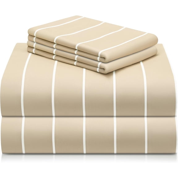 LuxClub 4 PC Full Size Sheet Set, Breathable Luxury Bed Sheets, Deep Pockets 18" Wrinkle Free Cooling Machine Washable Hotel Bedding (Striped Cream)