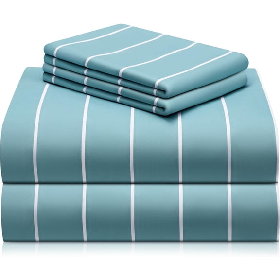 LuxClub 4 PC Queen Size Sheet Set Bed Sheets, Breathable Luxury, Deep Pockets 18" Wrinkle Free Cooling Machine Washable Hotel Bedding (Striped Light Blue)