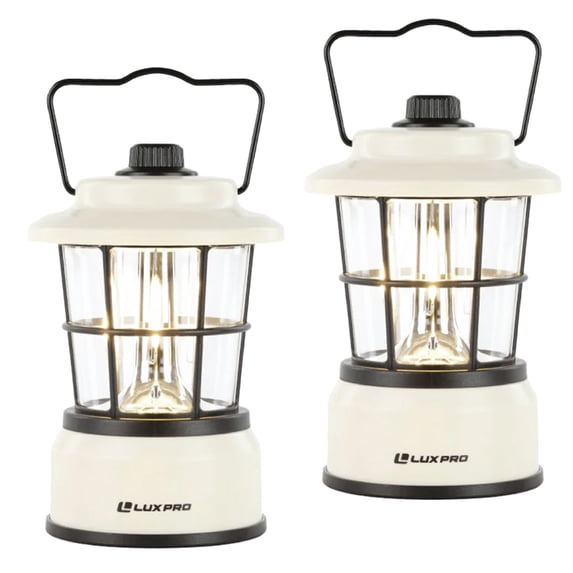 LuxPro LP1535 Retro LED Lantern, 265 Lumens, Beige, Battery Powered, Emergency Light, 2-Pack