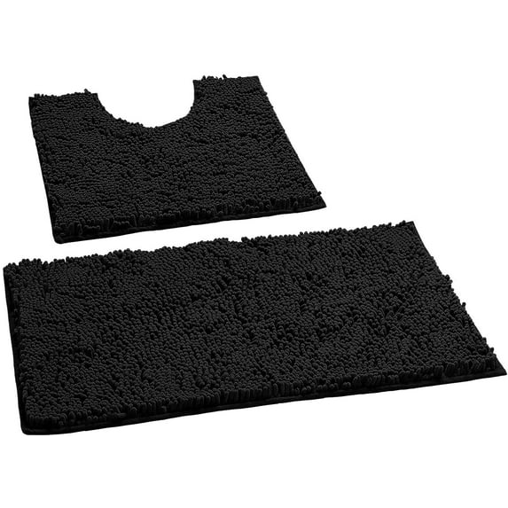 LuxUrux Black Bathroom Rugs Non Slip Super Soft Chenille Luxury Bath Mat Contour Set, Soft Plush Shower Rug +Toilet Mat.