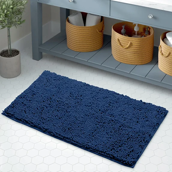 LuxUrux Plush Blue Microfiber Bath Rug, 15" x 23", Non-Slip