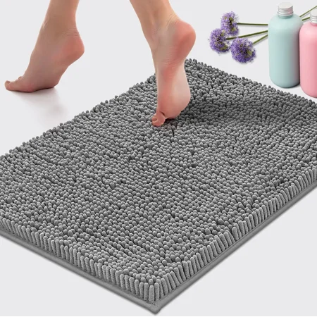 LuxUrux Plush Light Grey Microfiber Bath Rug, 15" x 23", Water Absorbent