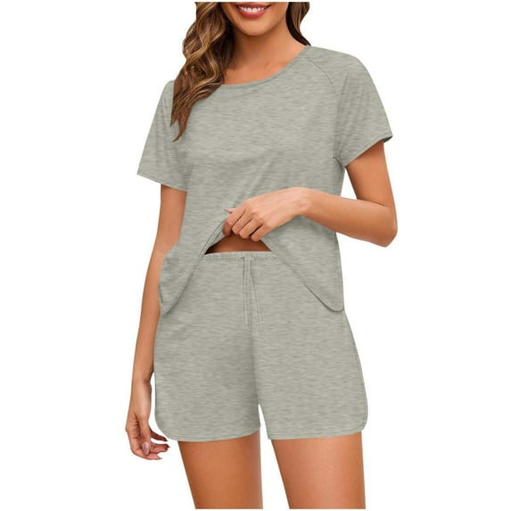 Luxalzxs 2 Piece Tracksuits Matching Set Women Summer Solid Color Short Sleeve Tops and Drawstring Shorts Pajama Set Loungewear Cozy Lounge Sets