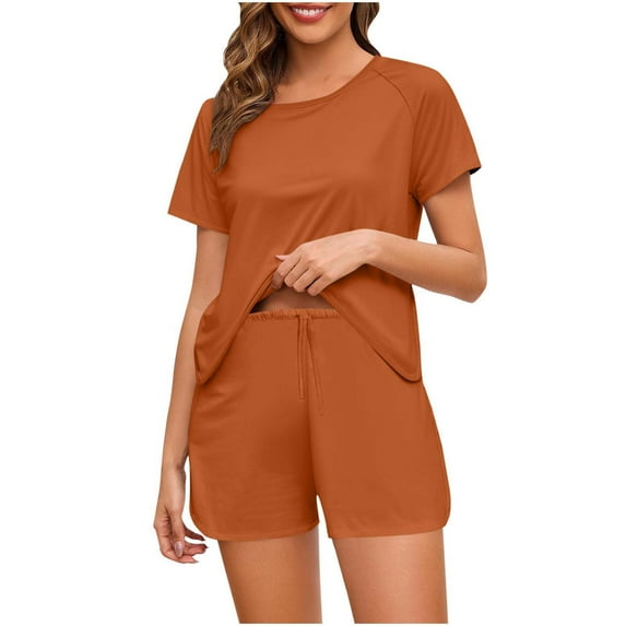 Luxalzxs 2 Piece Tracksuits Matching Set Women Summer Solid Color Short Sleeve Tops and Drawstring Shorts Pajama Set Loungewear Cozy Lounge Sets